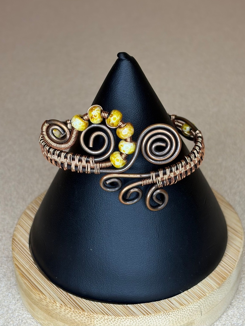 Handcrafted Copper Wire Cuff Bracelet with Yellow/Black Beads